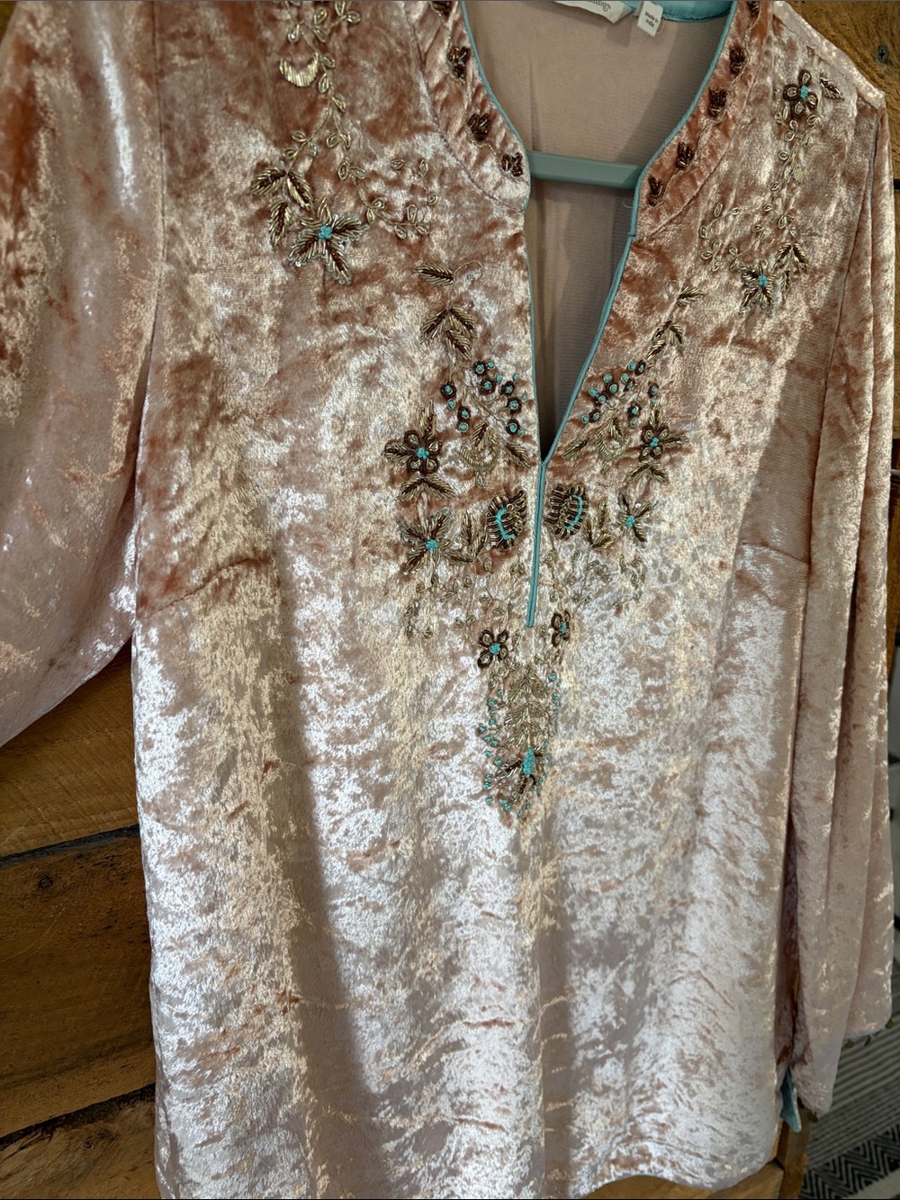 Soft Surroundings Rose Pink Velvet Embroidered Tunic with Turquoise Accents
